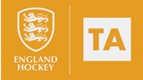 A crest with 3 lions and the words England Hockey underneath, the words TA positioned to the right of the crest. Orange with white lettering.